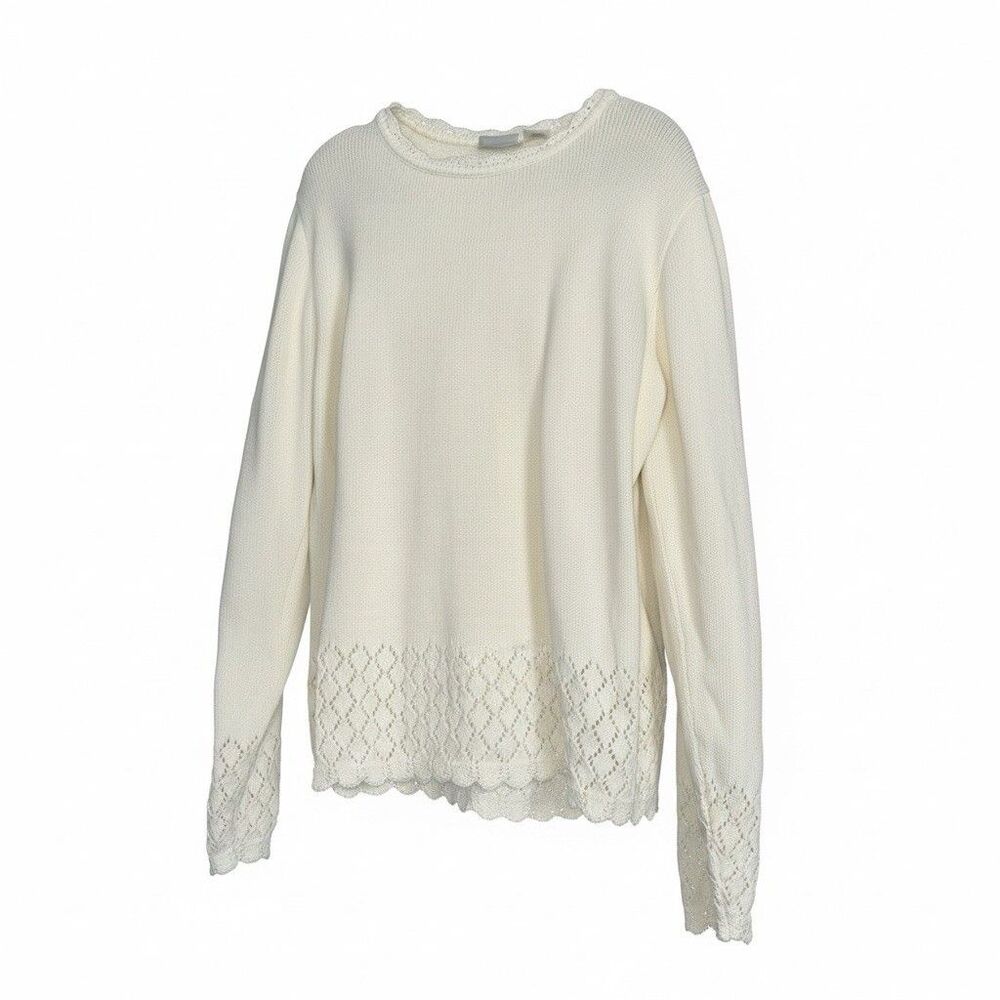 Liz Claiborne White Cotton Sweater S Pointelle Scalloped Hem Coquette USA